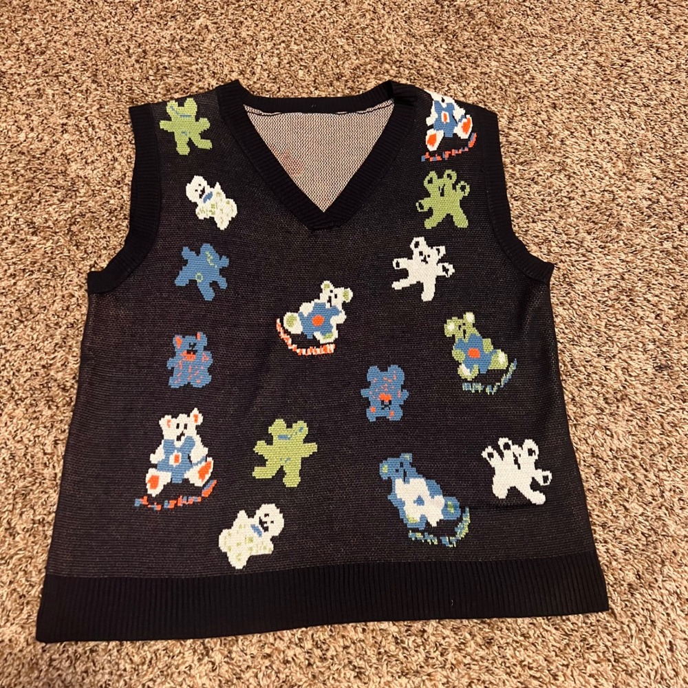 Novelty Sleeveless Knit Sweater Vest Funky Characters Quirky Print‎ L